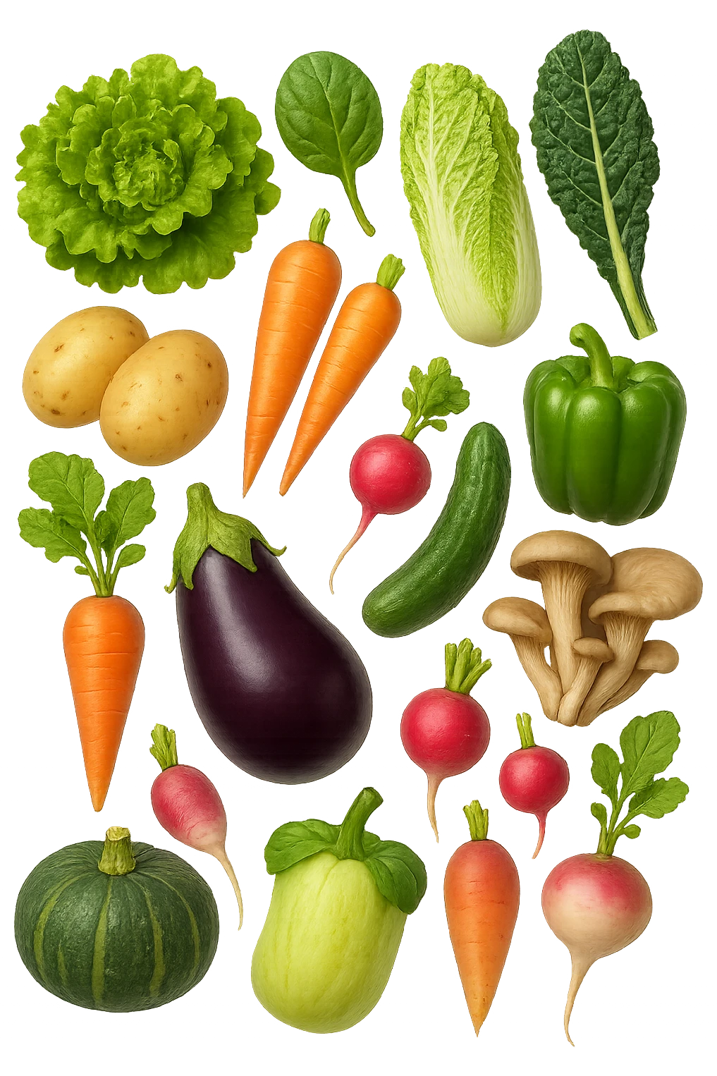 emoji stile iphone 3d di Lattuga, spinaci, cavolo cinese, cavolo nero
Patate, carote, rape, ravanelli
Melanzane, cetrioli, peperoni verdi
Funghi ostrica
Zucca kabocha
 che fluttuano in aria, iperealistico 4k emoji