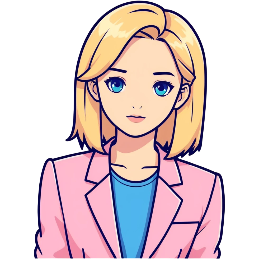 Blond girl working in the office hard professional with pink blazer blue eyes  emoji