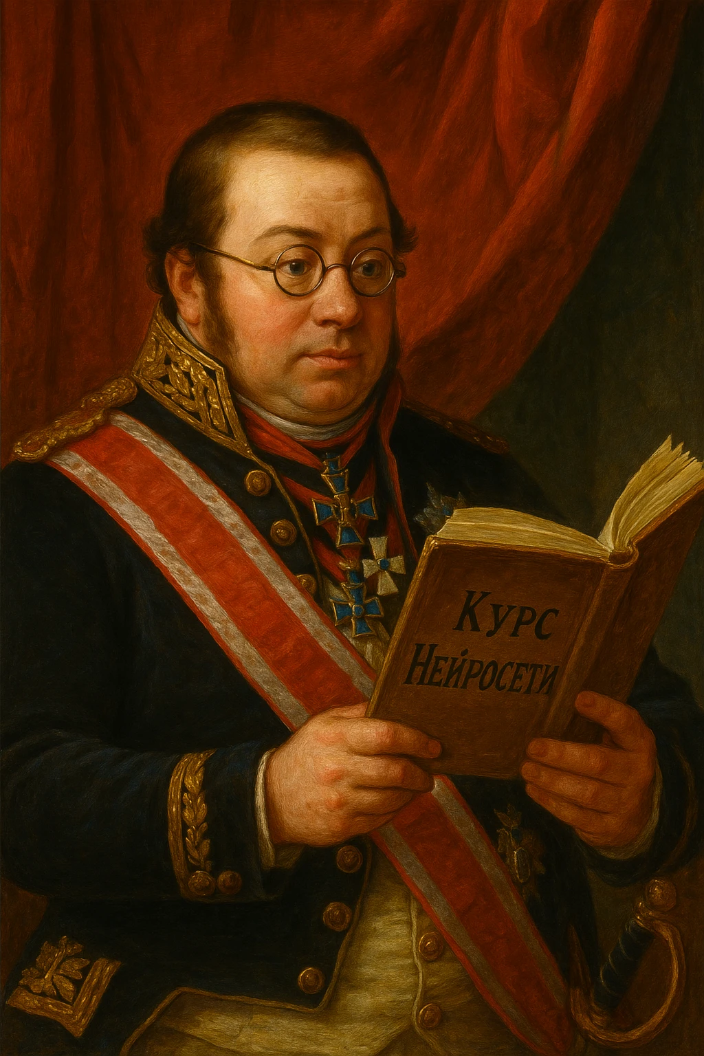 Павел Николаевич Демидов заинтересовано изучает в руках книгу на которой написано Курс Нейросети рисованный стиль emoji