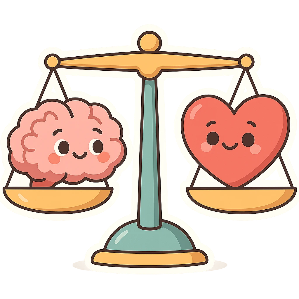 scales with a brain and a heart, symbolizing balance between mind and emotions, pastel toon style, clear contours, soft shadows and highlights, transparent background, white outline emoji