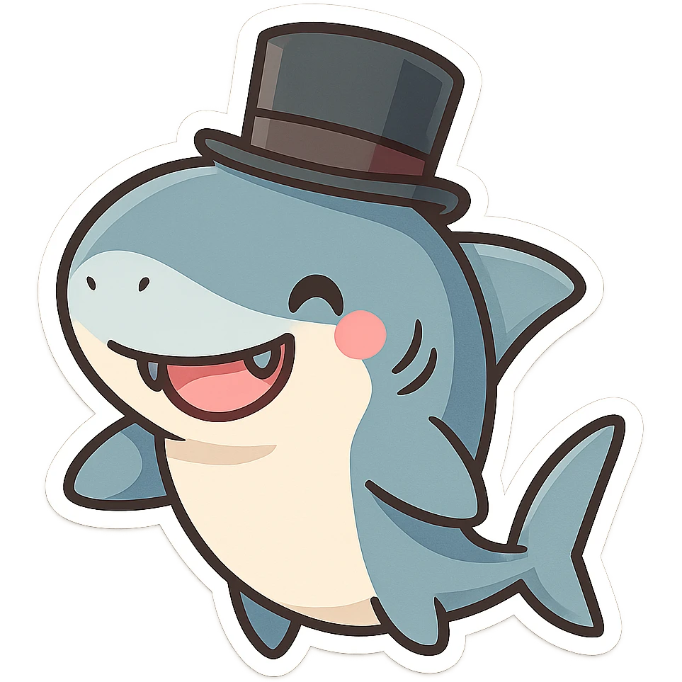 a cute shark character with a top hat, friendly and approachable, fun and expressive, cartoon style, playful emoji