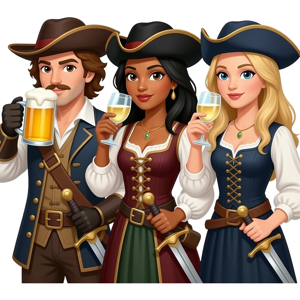 Three musketeers with swords and hats. One guy with brown hair and brown eyes, one girl with black hair and tanned skin and one girl with blond hair. You have to see them in full, the guy is drinking beer and the girls white wine. emoji