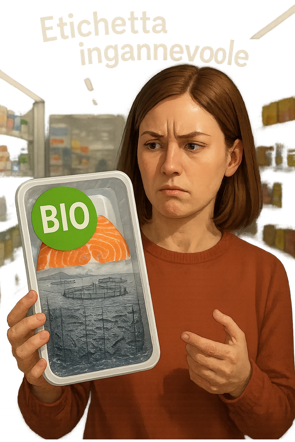 Scena in un supermercato moderno: uomo o donna tiene in mano una confezione di salmone etichettata 'BIO', con un grande bollino verde. Ma in trasparenza, dietro l’etichetta, si intravede un allevamento intensivo di salmoni in gabbie marine, acqua torbida e pesci ammassati. Espressione del cliente confusa e sospettosa. Sopra la testa, testo simbolico fluttuante: 'Etichetta ingannevole'. Colori contrastanti: confezione brillante ma realtà di fondo grigia e artificiale. Stile realistico con elementi simbolici forti realistico emoji
