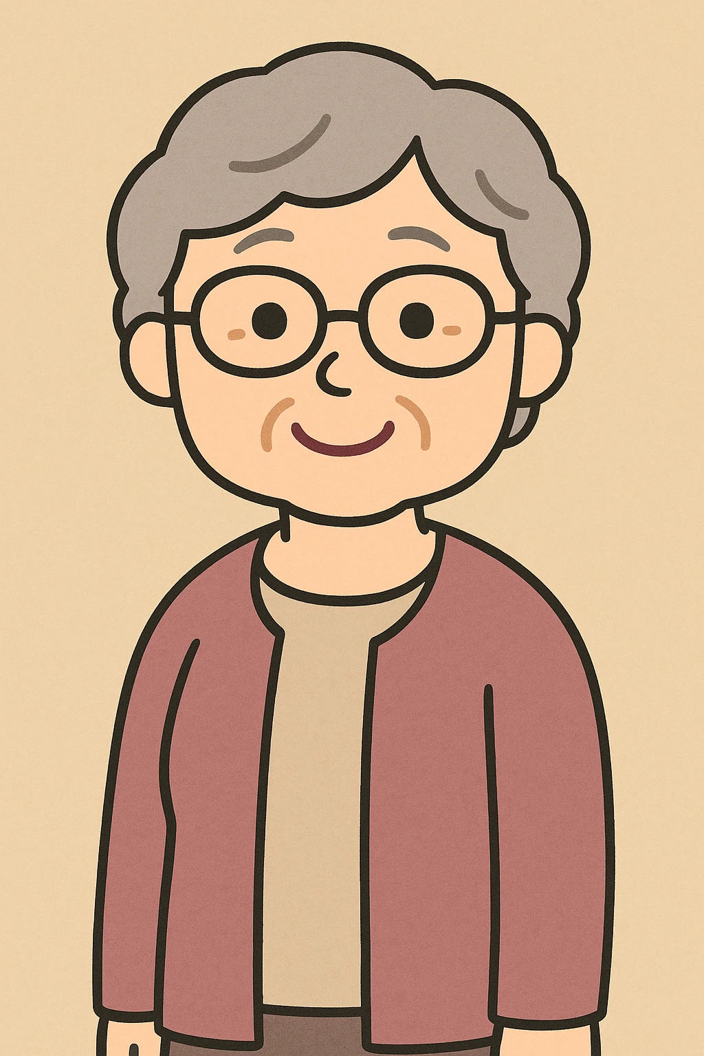 elder woman with glasses, irasutoya style, flat toon, smiling, short gray hair emoji
