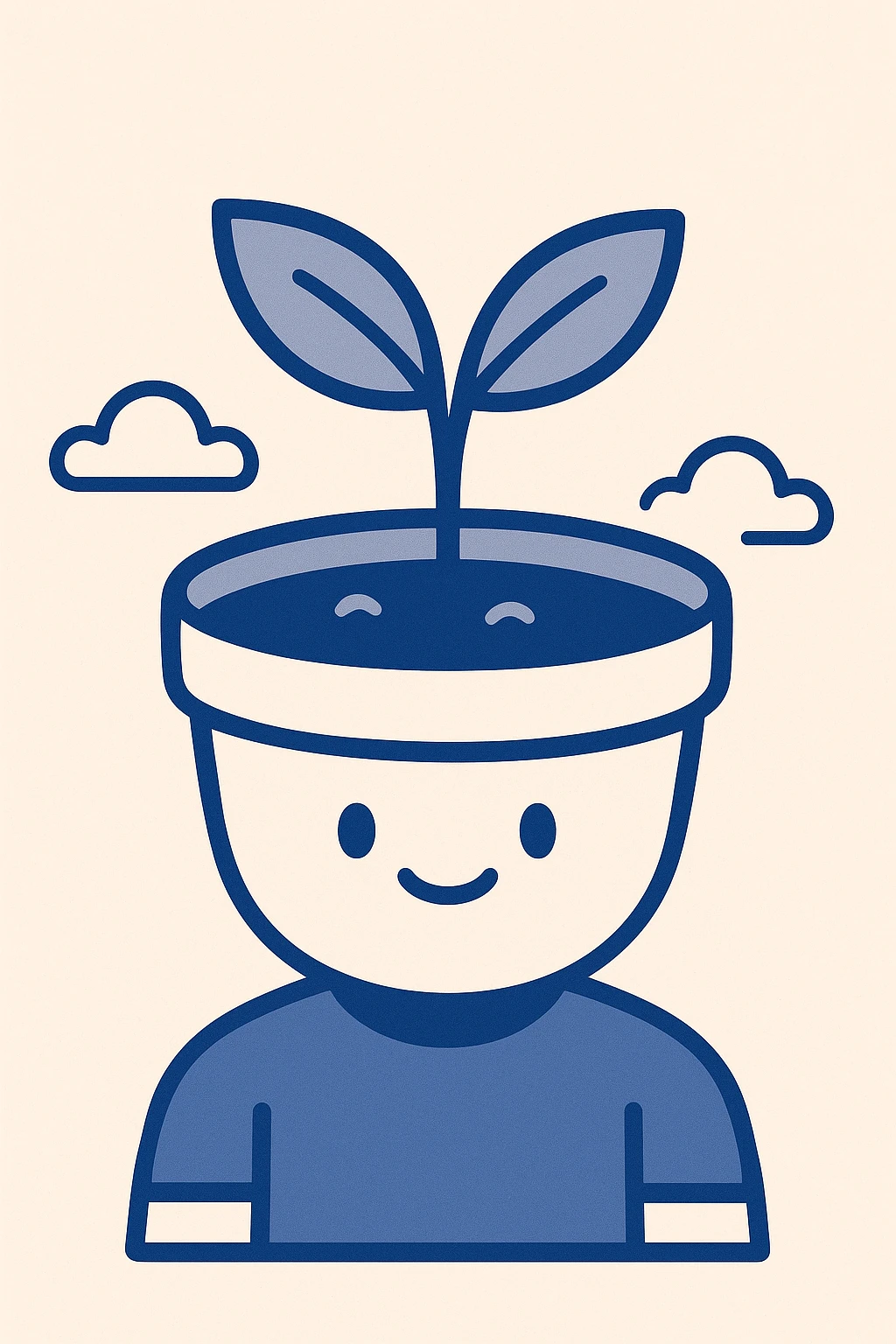 a pot with a sprout, simple smile on the pot, flat color illustration emoji