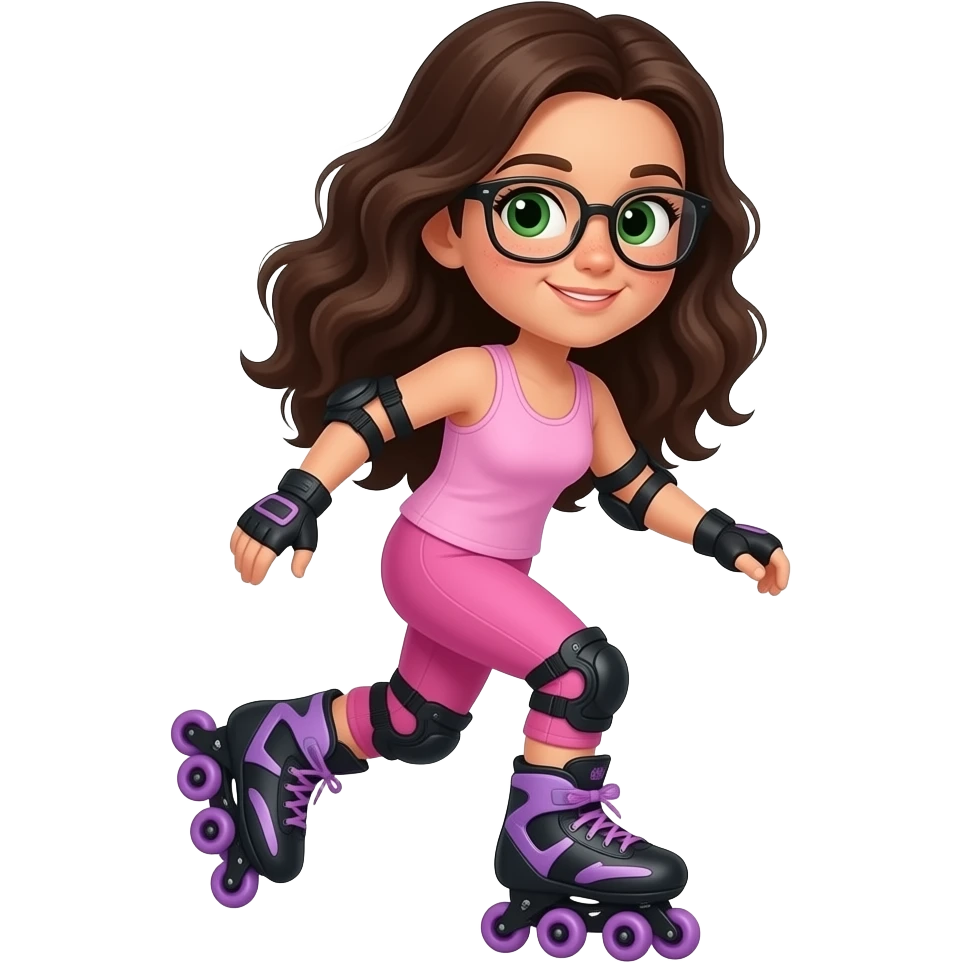 young girl in the style of iphone emoji people, fair skin, green eyes, glasses, freckles,long dark brown wavy hair, pink tank top and pink leggings, rides black and purple roller skates emoji