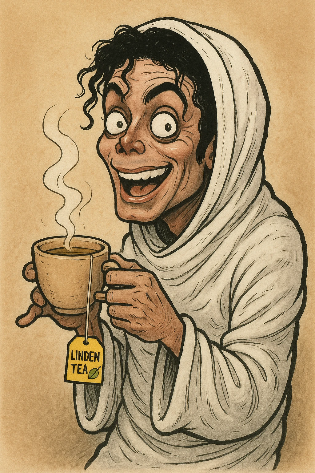 Michael Jackson drinking linden tea while wrapped in a shroud, detailed, humorous, expressive face emoji