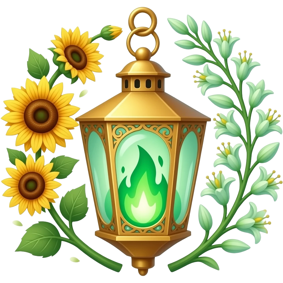 A golden hanging lantern with a bright emerald green flames, an empty loop on top, fae filigree themed sunflowers on the left and asphodels on the right as part of the design, but simple focus more on the green flames, paint the glass more green emoji