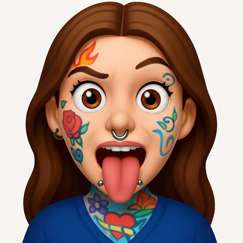 A 3D emoji in iOS emoji aesthetic style of a wild expressive person with colorful tattoos, multiple facial piercings, sticking out their tongue and making a funny face, glossy Apple-style design, clean white background, vibrant and bold look. emoji