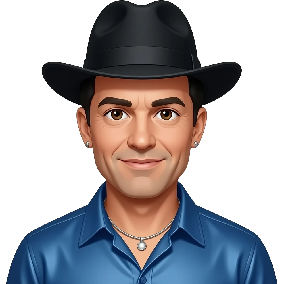 Michael Colyar, Actor (b.1957) with dark brown eyes, black hair, black hat, blue metallic shirt, silver necklace and short earrings emoji