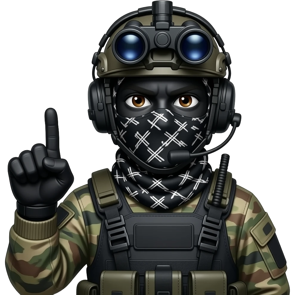man with brown eyes wearing a special tactics force outfit black fatigue boots, face total painted black and a black and white patterned balaclava and wears a headset and a big black night vision device on his headtop FATIGUE AND COMBAT BOOTS PLATE with a helmet and a mask shows her middle fingers emoji