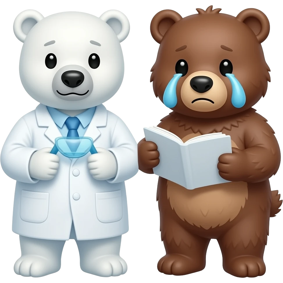 one polar bear and one grizzy crying while unitedly doing research in computational pathology emoji