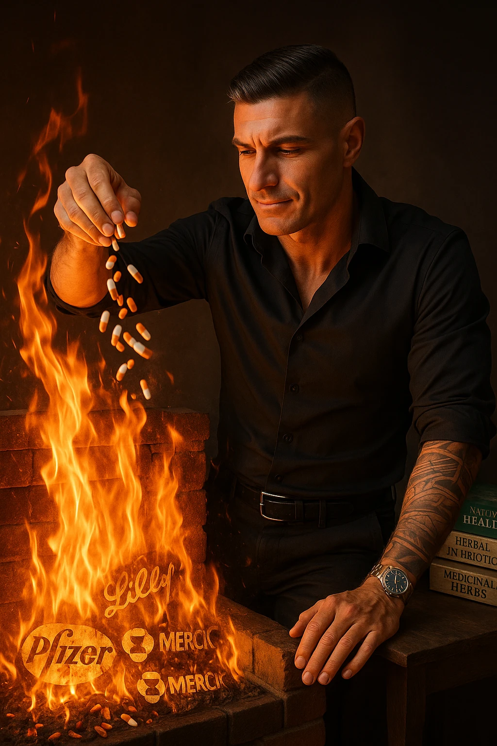 "Enlightened man throwing antidepressant pills into fireplace, flames consuming what he sees as chemical poison, expression of liberation from psychiatric medication, Big Pharma logos melting in the fire, natural healing books spread on table behind him, pharmaceutical slavery being broken through pill destruction, mental clarity returning as drugs burn" emoji