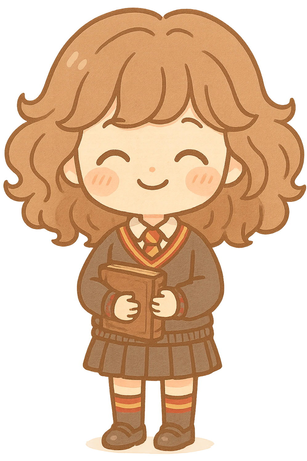 Chibi kawaii character, big head (60% of height), small body, soft rounded features. Happy, sweet face: closed arc anime eyes, rosy cheeks, subtle smile. Warm, earthy and pastel palette. Thin, uniform sepia outlines. Wearing Gryffindor uniform: dark gray V-neck sweater with red/gold stripes, white shirt, red/gold tie, pleated skirt or dark pants, matching socks, black school shoes. Holding old brown magical book. Voluminous, wavy chibi hair. Transparent or light background, cel shading, Japanese stationery style. emoji