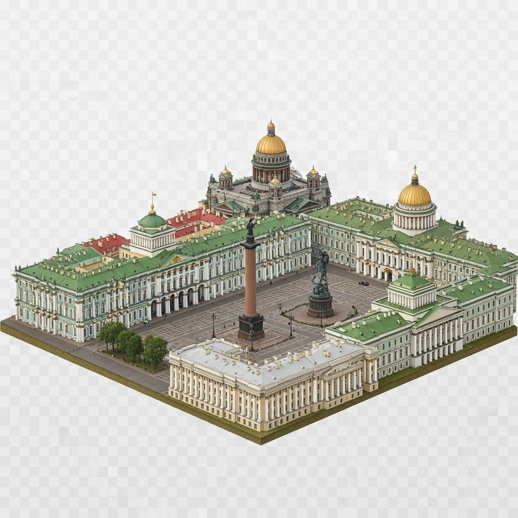 Изометрическая модель в центре композиции Зимний дворец Санкт-Петербурга с Дворцовой площадью и Александрийский столп, фотореалистичный Исаакиевский собор, памятник Петру I, Адмиралтейство, здание Сената баланс между стилизацией и реализмом, эффект рисованной миниатюры Tift shift, прозрачный фон. emoji