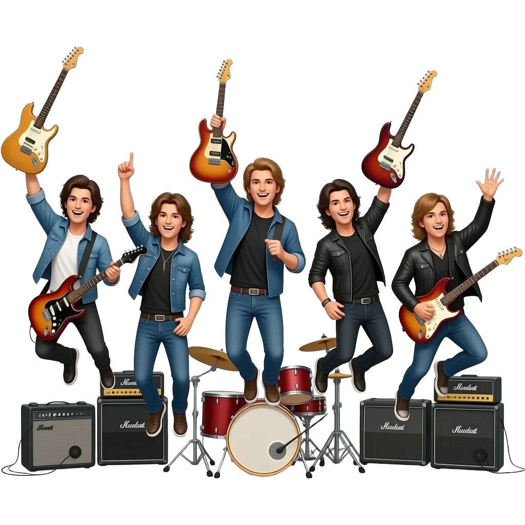 a musical group of rockers who jump with guitars in the air emoji
