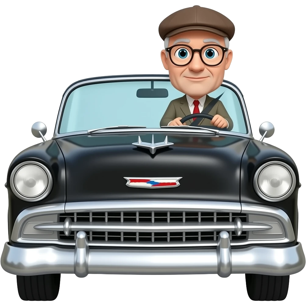 OLD MAN WITH  NO FACIAL HAIR GLASSES AND FLAT CAP DRIVING BLACK 1955 CHEVY WITH emoji