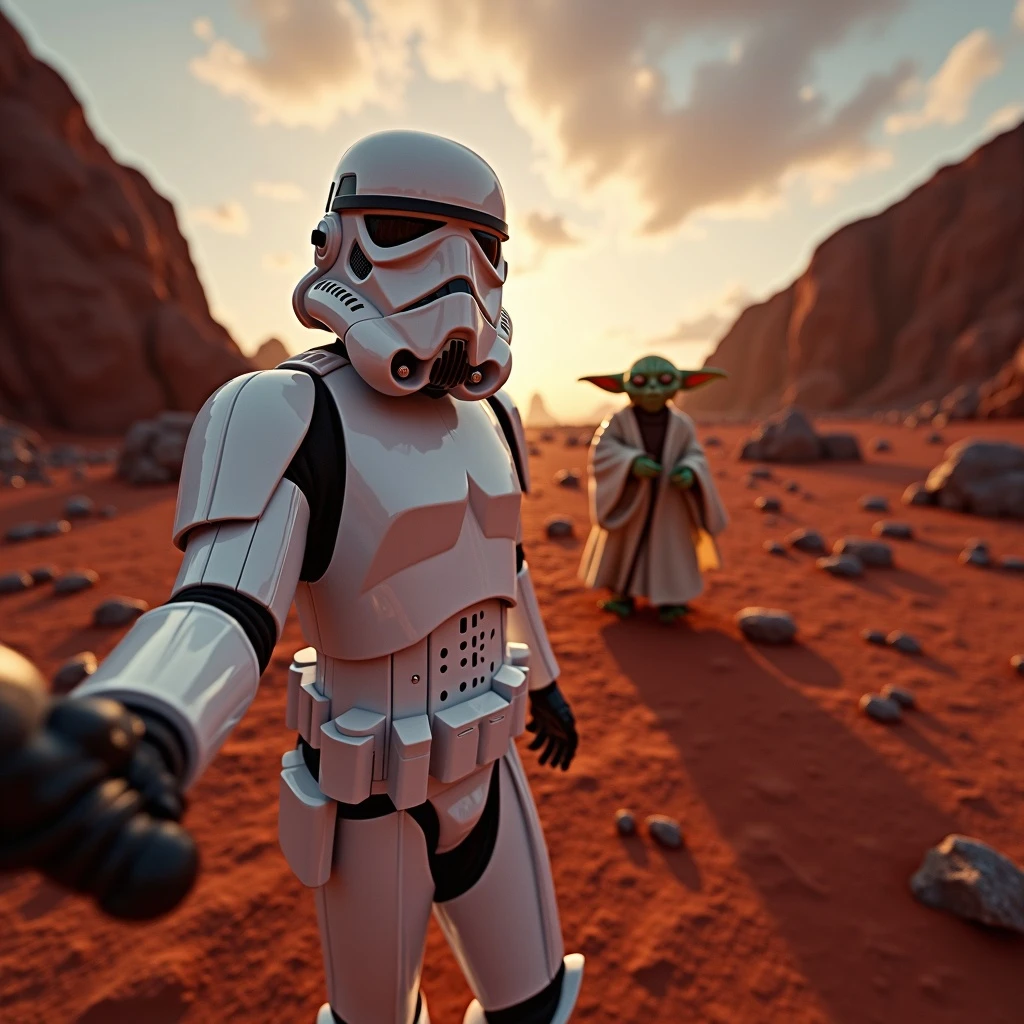 Camera POV, Starwars stormtroopers vlogging selfie, he is walking on lava planet with yoda emoji