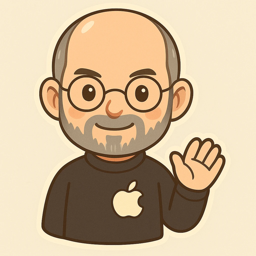 Add a cute Apple logo to Steve Jobs' shirt, keeping the cartoon style of the image. emoji
