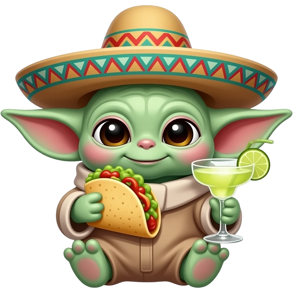 animated baby yoda eating tacos and guacamole,wearing a pancho and sombrero drinking a margarita emoji