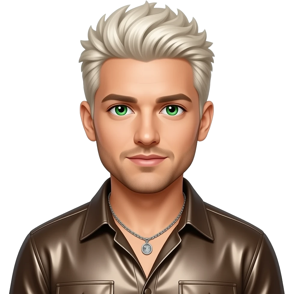 Lance Bass from NSYNC with green eyes, white blonde 90s spiky hair, charcoal brown metallic shirt, necklace emoji