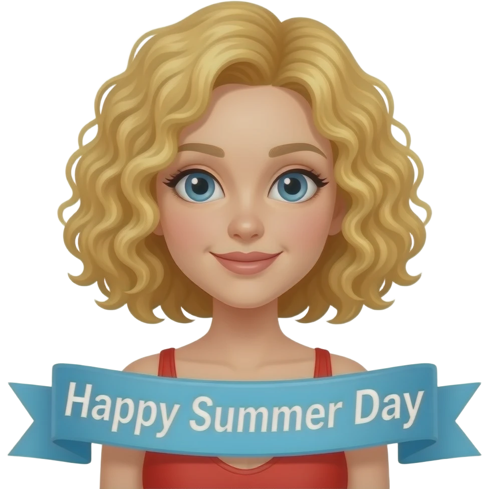 blonde tight curly hair in a short bob in summer day in a red swimsuit with a Happy Summer Day banner emoji