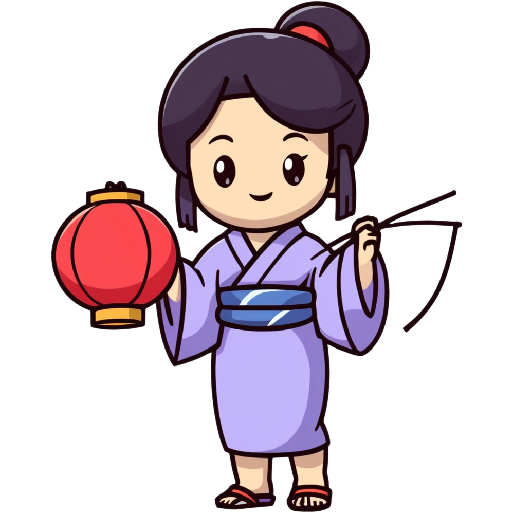 Cute Japanese high school girl in yukata at school summer festival with paper lanterns emoji