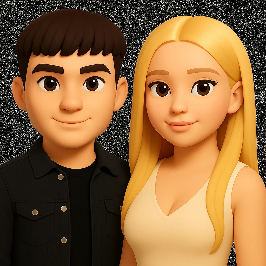 Slightly increase the volume of the upper body of the girl, slightly turn her to face forward, and make the skin color uniform. Maintain the cartoonish 3D style as in the reference image. emoji