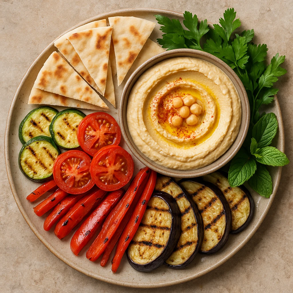 realistic Mediterranean platter with hummus, pita, grilled vegetables, and fresh herbs, top-down view emoji