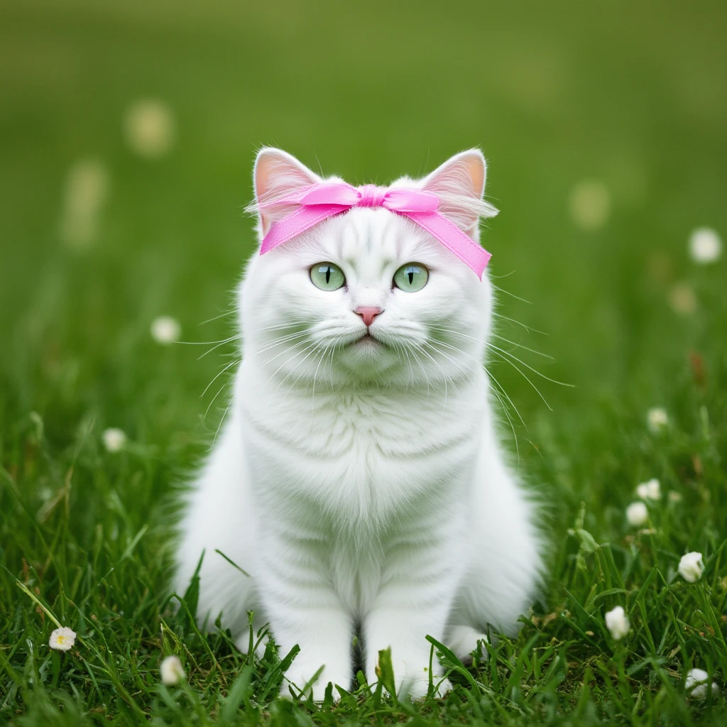cute white cat with a pink ribbon sitting among tall green grass and white flowers, soft rounded playful appearance emoji