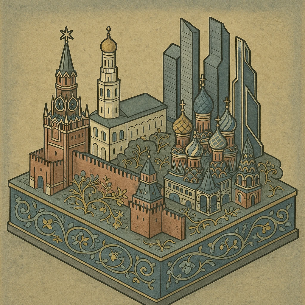 Изометричная миниатюрная 3D модель Москвы на подставке - фотореалистичный Кремль, собор Василия Блаженного, Башни Москва-Сити, аккуратная детализация, яркие цвета мультяшный реализм, компактная композиция,  вид сверху в изометрии emoji