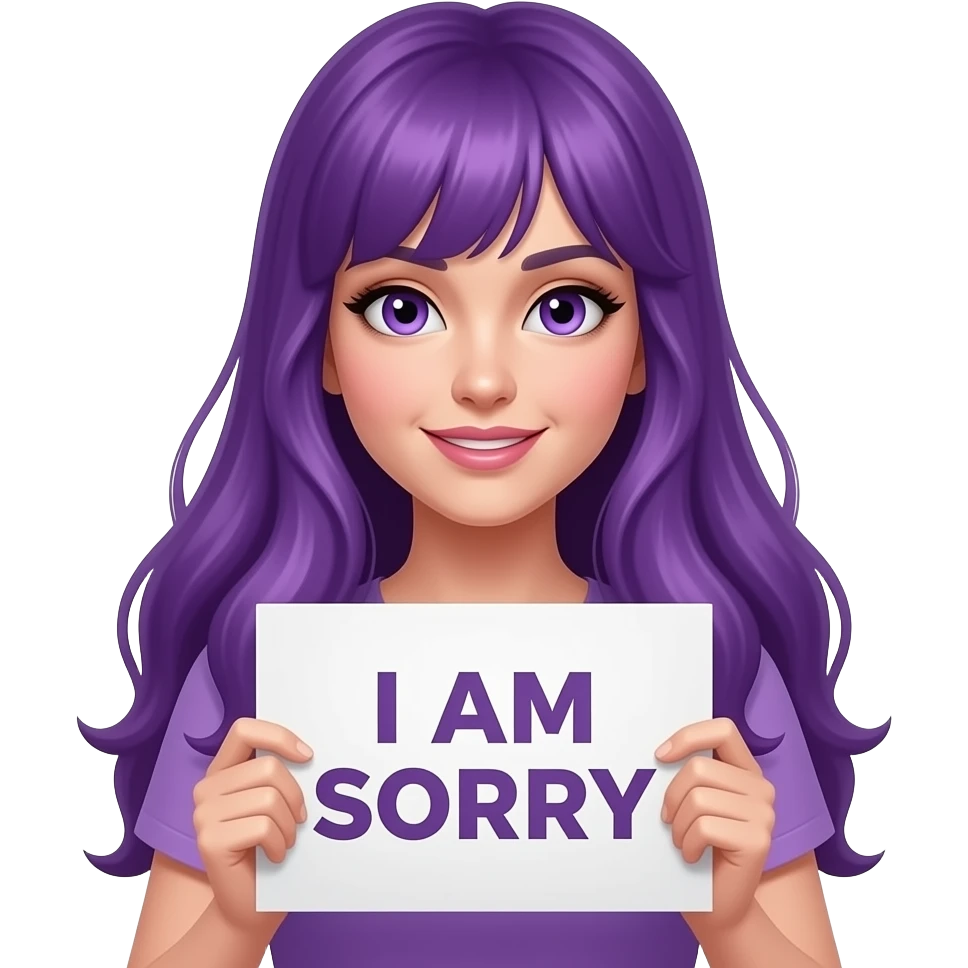 sexy girl with long purple hair and purple eyes holding I AM SORRY sign emoji