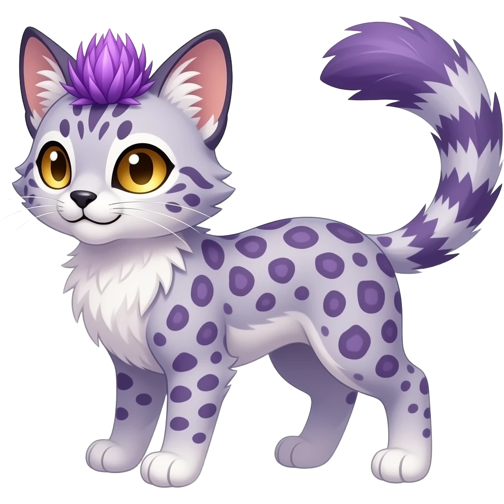 cute beautiful elegant lanky feathery, thistle-purple, fantasy-caracal-civet-snow-leopard-bobcat-genet-animal-Fakémon-hybrid, long thin tufted tail, golden eyes emoji