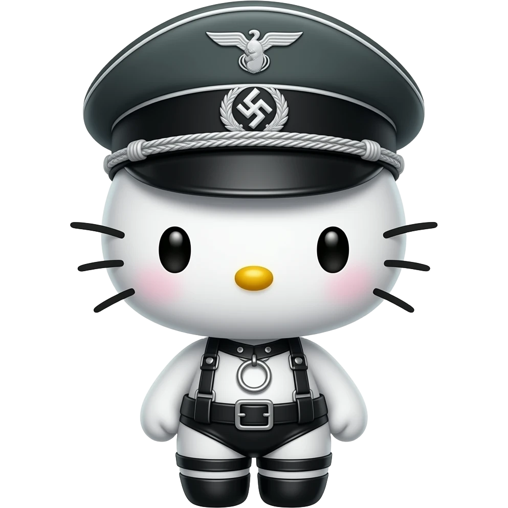 hello kitty representada como Dominatrix BDSM fetichista vestida de latex ajustado y O-ring harness, gorra militar estilo de las SS alemana emoji
