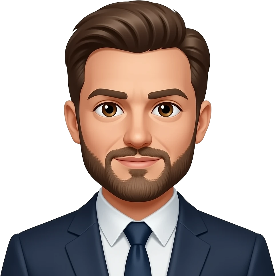 homme, cheveux chatains, barbe, yeux marrons, en costume emoji