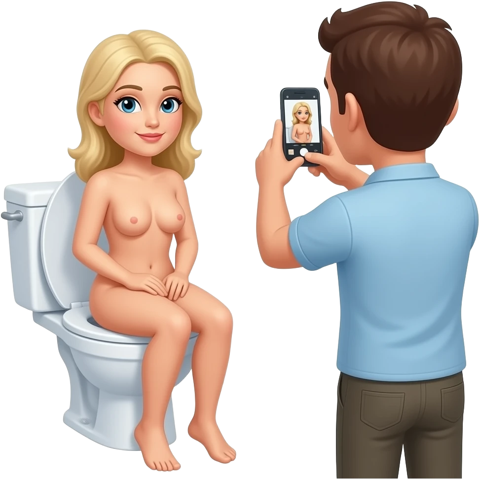 A naked white blonde woman sits on the toilet taking a picture of her crotch. She is looking at the camera. A man takes a picture emoji