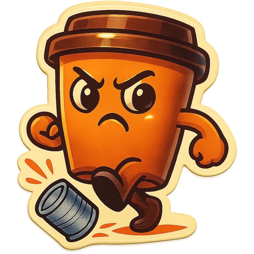Tall coffee cup, pouting, dramatic, kicking a can emoji