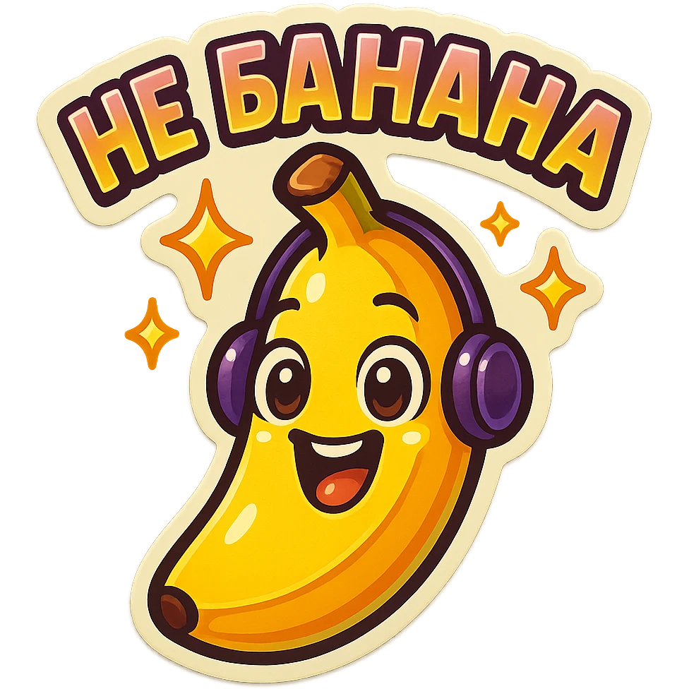 Funny cartoon banana, big happy smiling face, wearing tiny headphones, wide excited eyes, tiny sparkles around, text above: "НЕ БАНАНА ", chibi style, Twitch emoji style, colorful, transparent background emoji