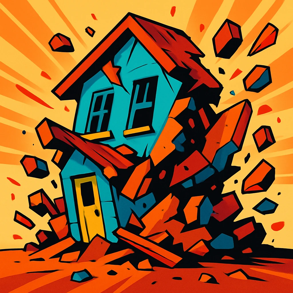 a house collapsing, dynamic illustration, energetic, vivid colors, motion blur emoji