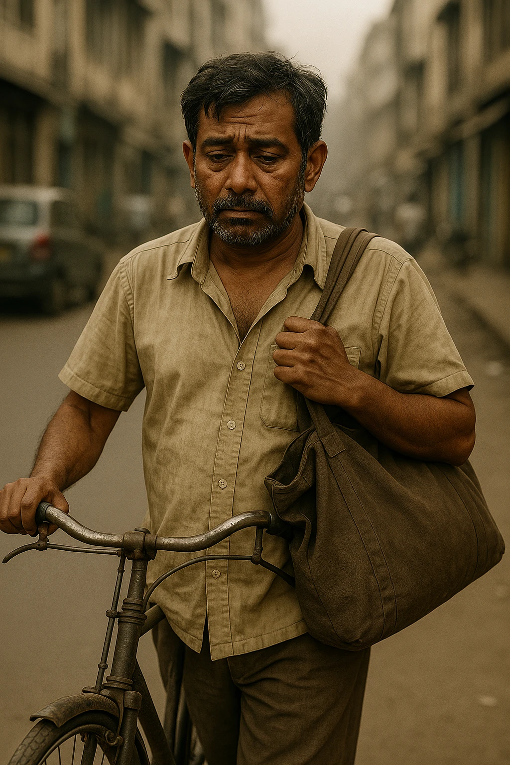 Add a simple bicycle next to the poor Indian father as he walks to work, keeping the realistic style and urban background. emoji