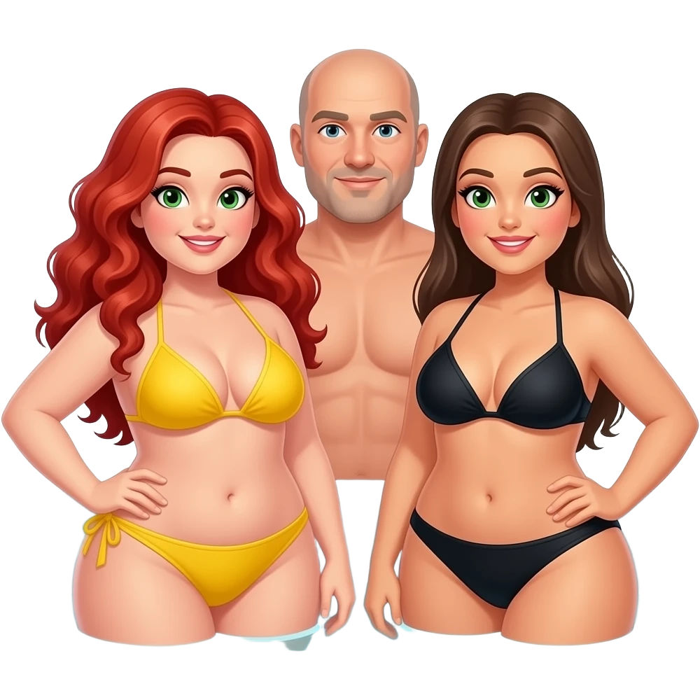 2 very curvy women, 1 redhead with long curly hair, green eyes in a yellow bikini, 1 brunette with black bikini,  and 1 man bald with light goatee in a hot tub emoji