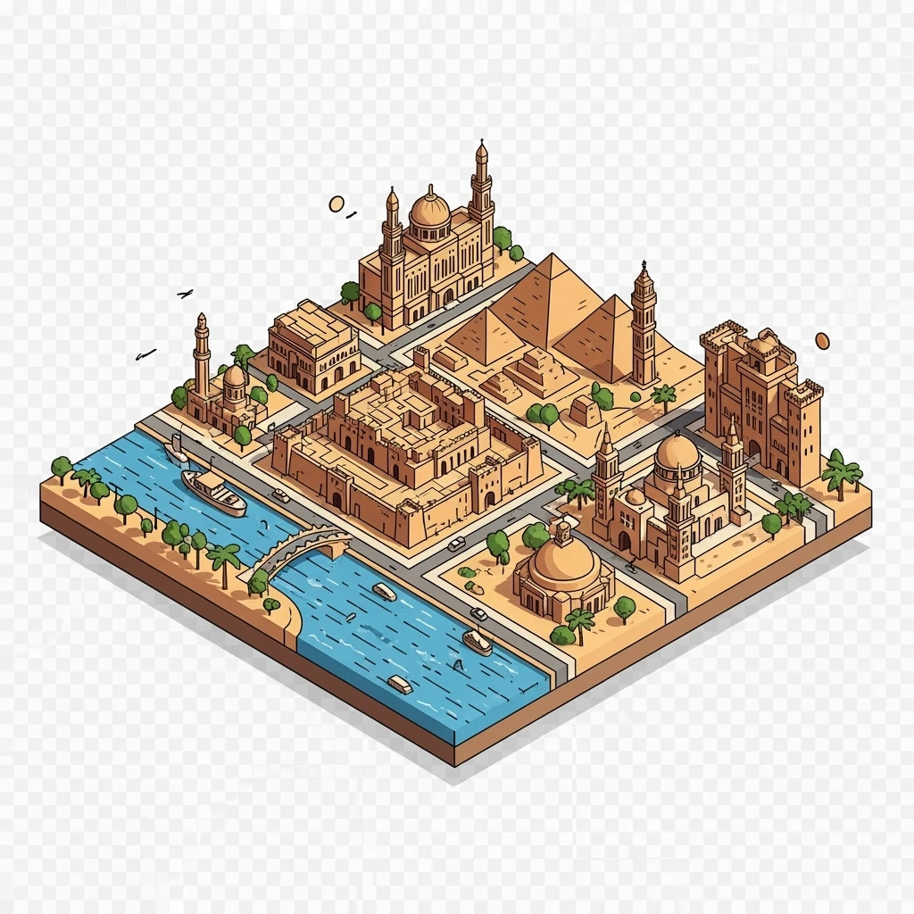 Isometric minimalistic illustration of Cairo, subtle 3D miniature effect and Tilt Shift effect, no cartoonish look, transparent background. emoji