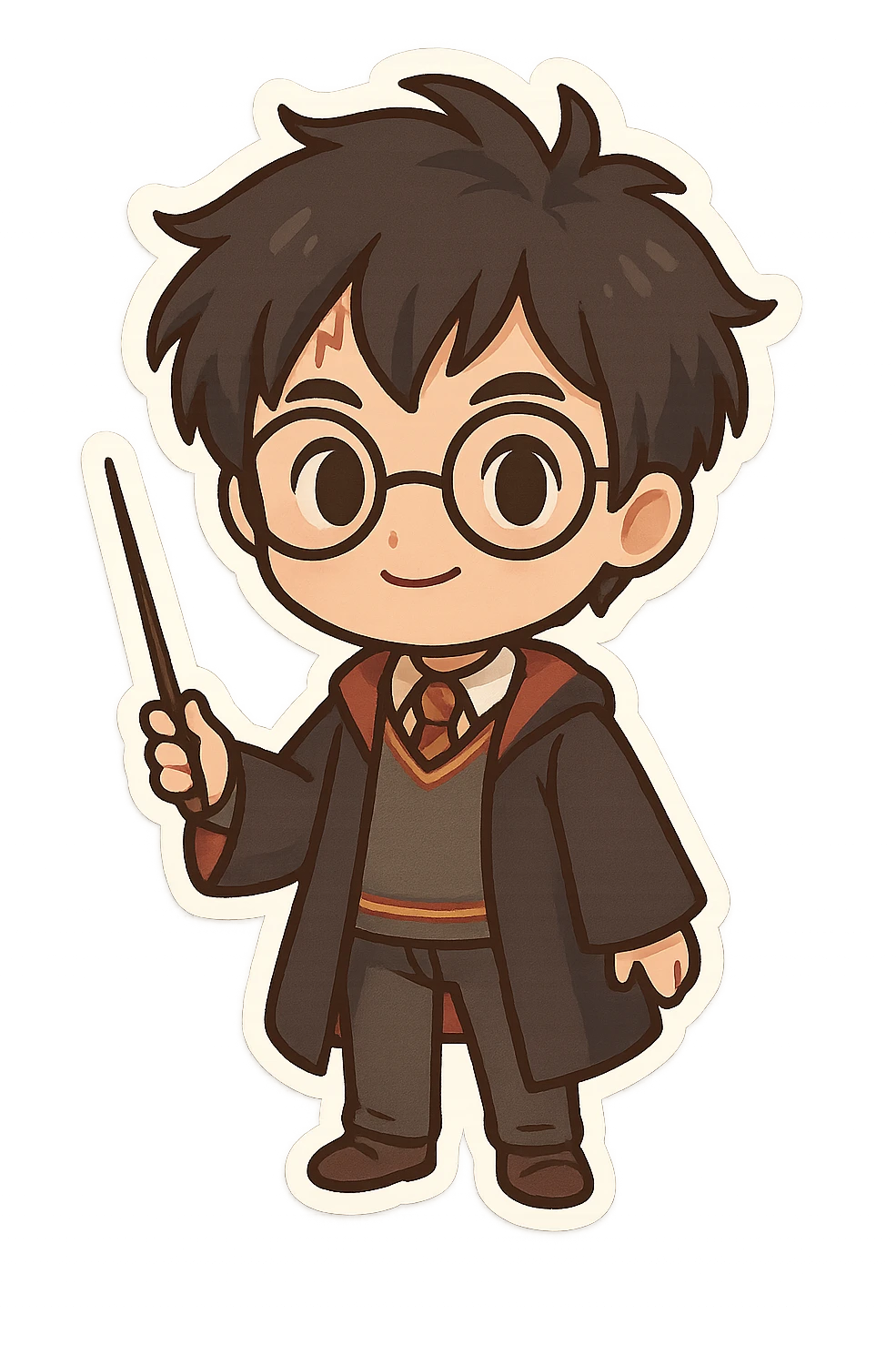 cute chibi character inspired by Harry Potter, messy black hair, round glasses, scar on forehead, Hogwarts uniform with sweater, tie, pants, and shoes, holding a wand, transparent background emoji