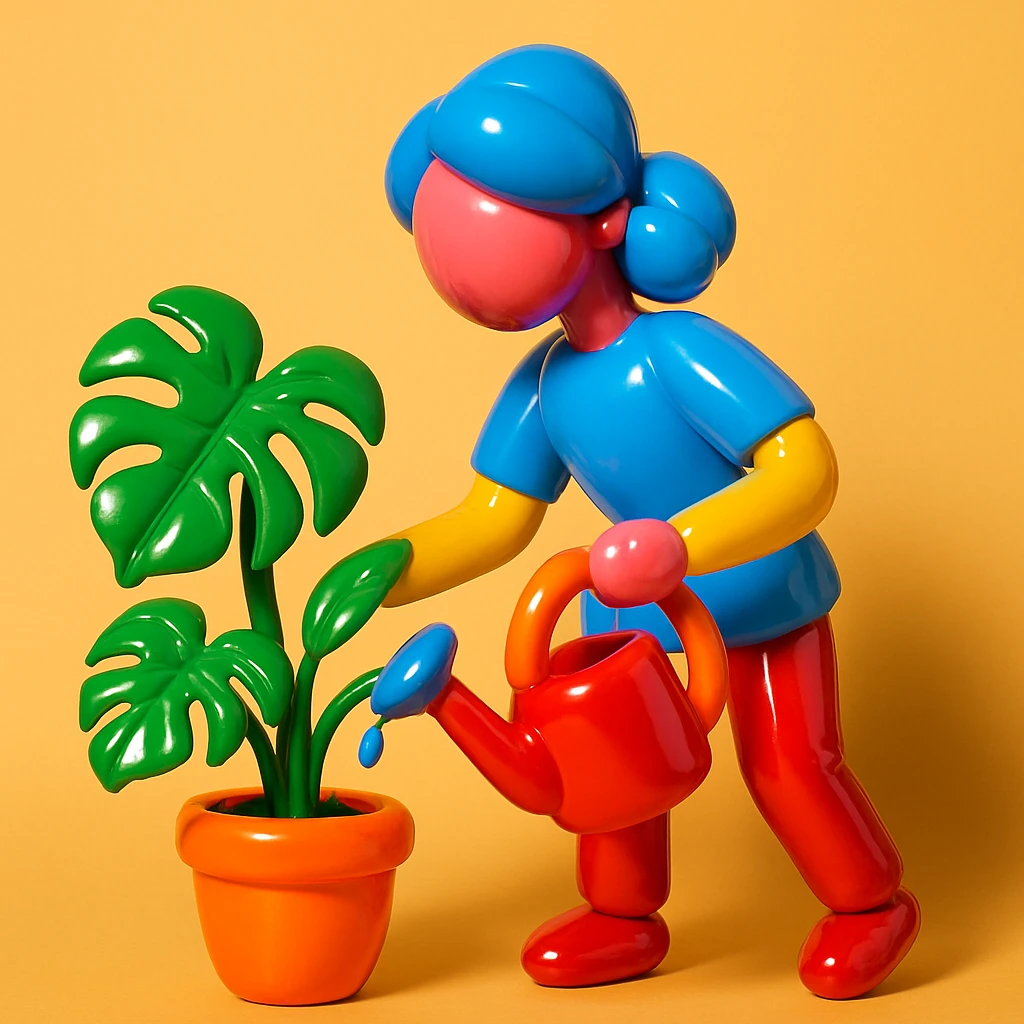 woman watering her monstera plant emoji