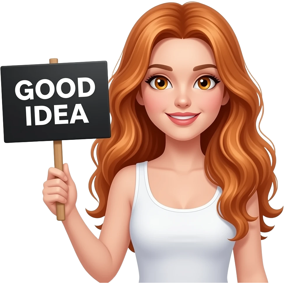 sexy girl with long wavy ginger hair and ginger eyes wearing a white tanktop is holding a black sign with GOOD IDEA written on it emoji