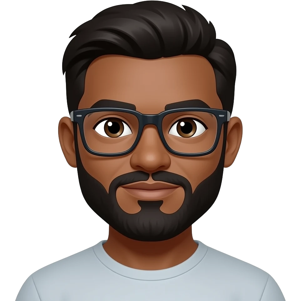 black hair, olive skin, black beard, with squar glasses emoji