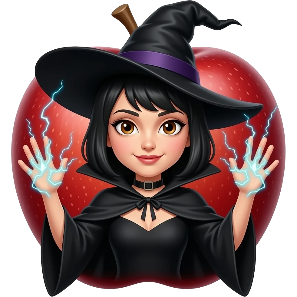 look like an apple emoji that’s a witch with black cloak and black neck choker and pointy black hat and black dress with black hair with brown eyes and hands up with electricity coming from her fingersr emoji