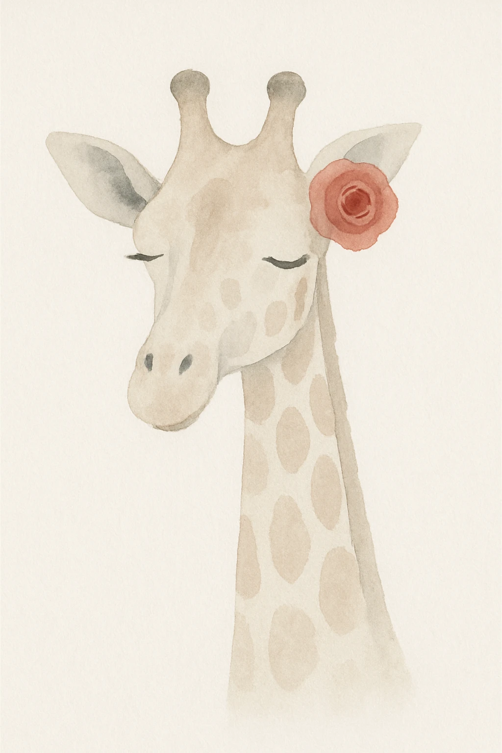a whimsical giraffe with a red rose behind her ear, soft painterly style emoji