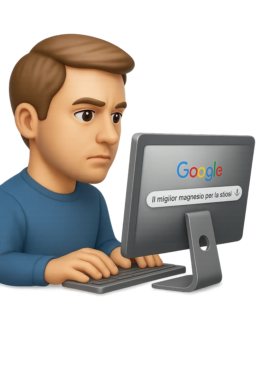 emoji stile iphone di un uomo davanti al pc che cerca di google: "Il miglior magnesio per la stipsi", iperrealistico 4k emoji