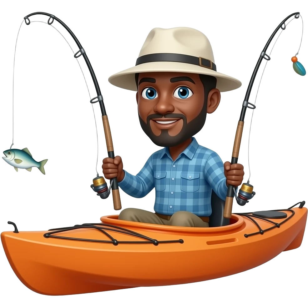 a black fishermen in an orange kayak wearing a blue long sleeve shirt and white hat, with 2 fishing poles both bent with fish on them emoji